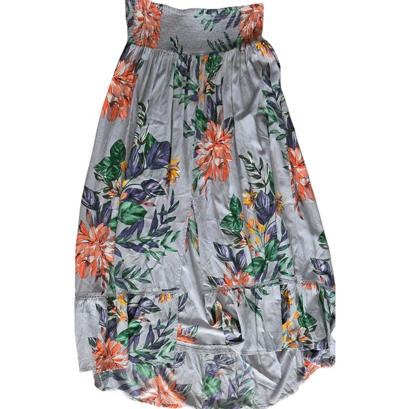 Floral Smocked Maxi Skirt Women's High Low Strapless Grey Orange Medium - Picture 1 of 6